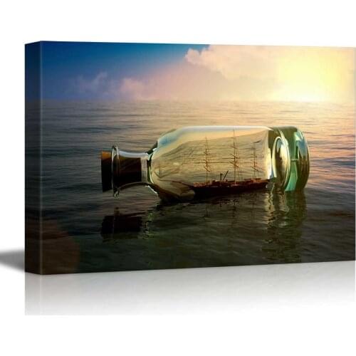 Canvas Prints Wall Art - Ship in a Drifting Bottle at Sea Retro Style | Modern Wall Decor Drop shipping