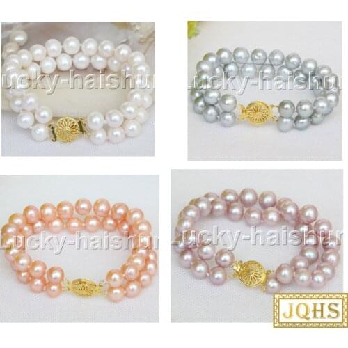 Natural 2row 8" 10mm round white pink gray purple freshwater pearls Beaded Strand knotted Bracelet j11972-3