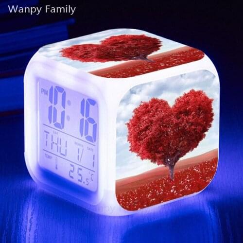 New Style Heart Tree Alarm Clock 7 Color Glowing LED Digital Alarm Clock Kids Gift Multifunctio Touch Sensing Electronic Clock