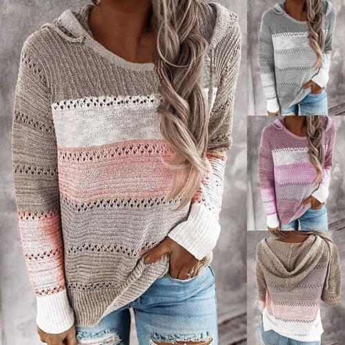 BALDAUREN Autumn Women Patchwork Sweater Long Sleeve Round Neck Knitted Sweater Casual Striped Pullover Jumpers Female Hoodies