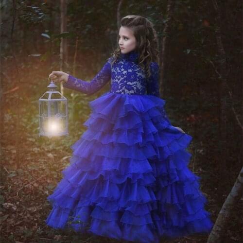 New Flower Girl Dresses Royal Blue High Neck Long Sleeves Ball Gown Lace Appliques First Communion Pageant Gowns