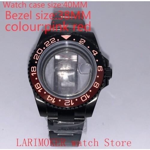 Suitable for Mingzhu Miyota 8215 40mm 904L stainless steel case, transparent black back cover, with bezel pink red