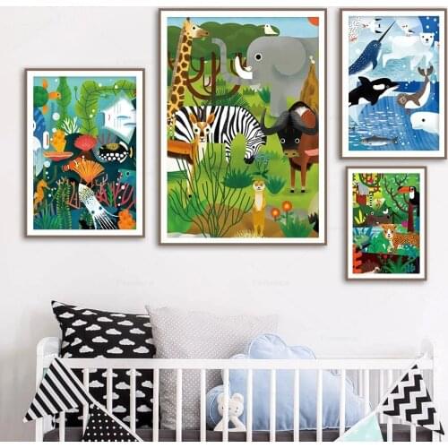 Nordic Crtoon Animals Poster Cute Deer Tiger Long-Necked Monkey Whale Canvas Painting Childrens Room Decoration Wall Art Poster
