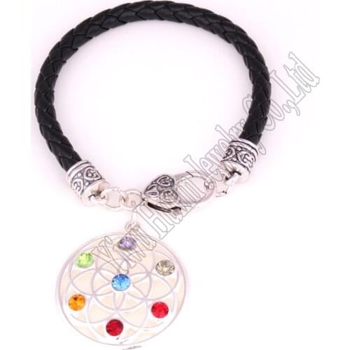 Drop Shipping flower of life seven chakra symbol charm religious pendant Buddhist bracelet Lobster-claw-clasps