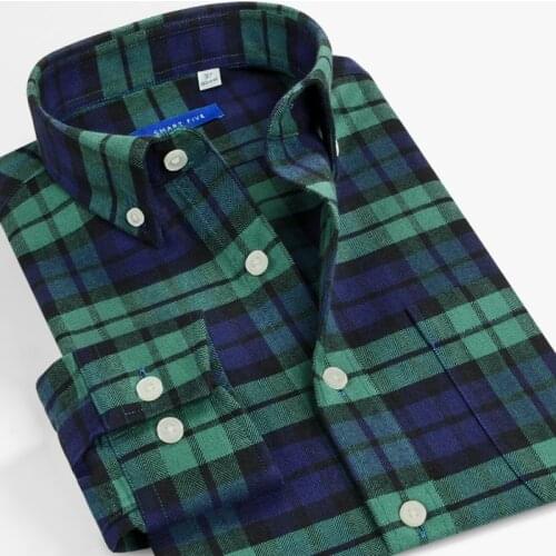 Smart five Flannel Casual Mens Shirts Long Sleeve Dark Green Plaid Shirt Men Clothing Slim Fit Big Size 44 45 46