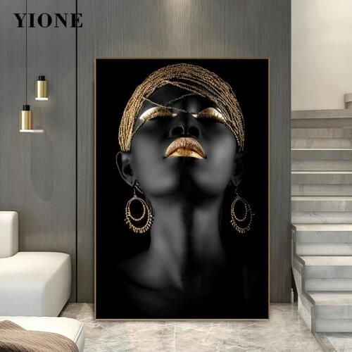 Modern Art African Black Woman Painting Golden Figure Canvas Poster Scandinavian Wall Art Prints Decoration Pictures Room Wall