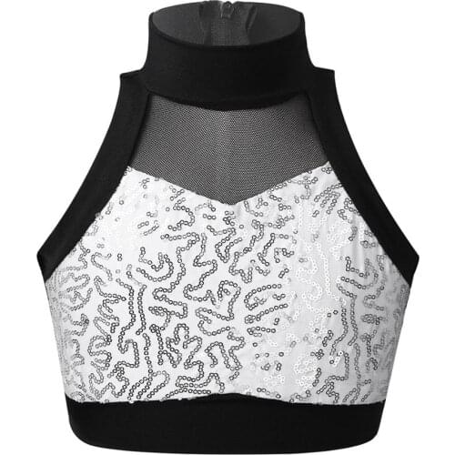 4-14Years Teen Kids Jazz Street Dance Costume Girls Shiny Sequins Sleeveless Mesh Splice Back Zipper Tanks Crop Top Hip Hop Vest