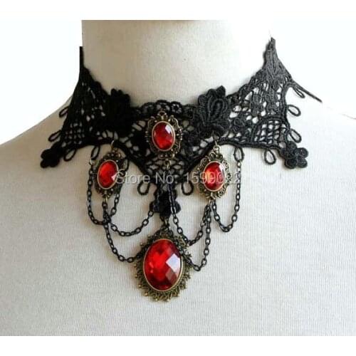 Victorian Gothic Halloween Red Rhinestone Charms Vampire Maxi Necklace Choker Fashion 2016 Cocktail Evening Party Dress Jewelry