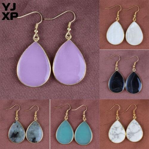 YJXP Simple Design Elegant Style Gold Color Rose Pink Quartzs Black Agates Green Aventurine Stone Water Drop-Shaped Earrings