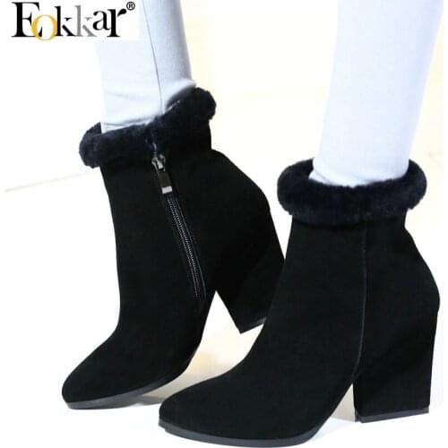 Eokkar 2020 Thick Heels Women Ankle Boots Square High Heel Pointed Toe Winter Boots Solid Black Zipper Ladies Boots Size 34-39