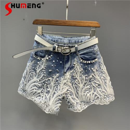 2021 Summer Beads Rhinestones Lace Flower Ladies Denim Shorts Women European High Waist Washed Hot Pants Fashion Stretchy Jeans