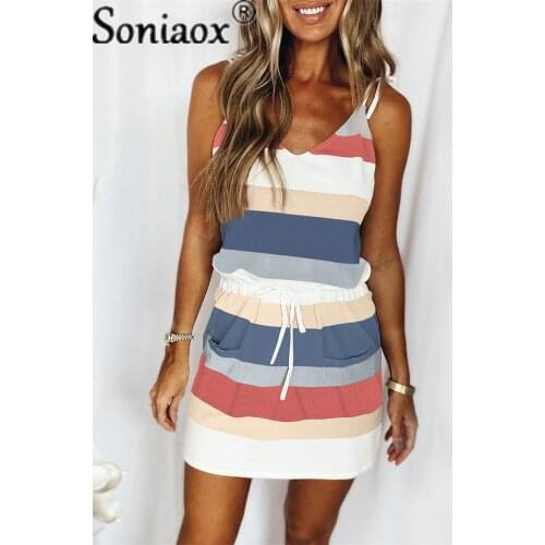2021 Womens Dress Fashion Striped Color V-Neck Drawstring Pocket Suspender Dress Ladies Casual Summer Dress Beach Mini Sundress