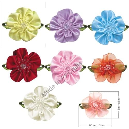 60X 46 MM Satin/Organza Ribbon Flower With Multi-colored Bead For Packing Cloth Hairbow DIY Crafts 100pcs Free Shipping