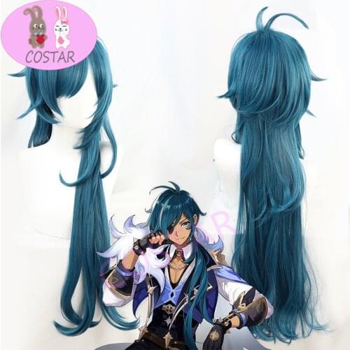 COSTAR Genshin Impact Kaeya Green Blue Wavy Long Cosplay Heat Resistant Synthetic Hair Halloween Carnival Party + Wig Cap