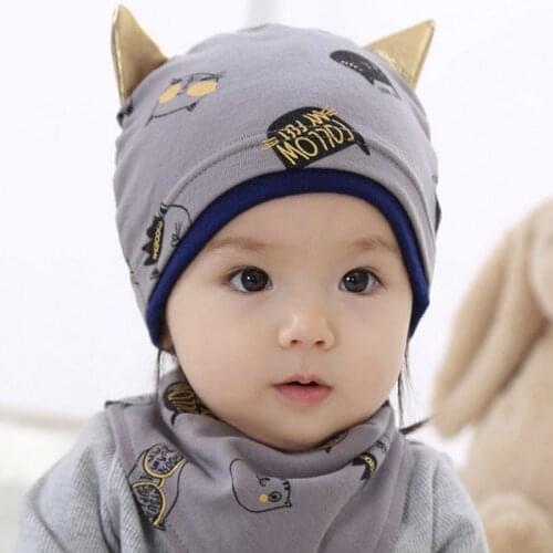 2021 Spring Autumn Cartoon Print Infant Beanie Boys Girls Cute Cotton Baby Hat with Bibs Set for Newborn Headwear 6-24M