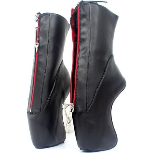 Women Boots Lace-Up Pointed Toe 7" Super High Heel Hoof Heelless Sole Sexy Lockable Zipper Ankle Ballet Boots Black Matt