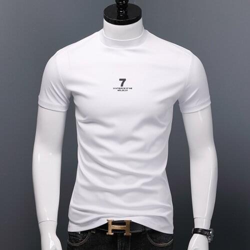 2021 Summer Men Little Turtleneck Short Sleeve T Shirt Double Mercerized Cotton Slim Fit Fashion Letter Print White T-Shirt