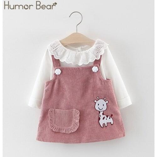 Humor Bear Girls Autumn Korean Childrens Clothing Doll Collar Long Sleeve +Strap Dress 2Pcs Suit Baby Kids Clothing Suit
