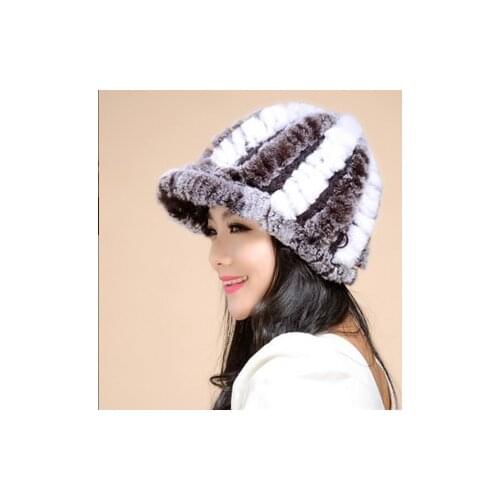 2021 New Women Knit Real Rex Rabbit Fur Striped Hats Winter Warm Floral Genuine Fur Caps Lady Natural Fur Hat Wholesale Retail