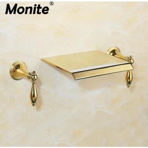 Monite Golden Plated Bathtub Faucet Bathroom Faucet 3 Pieces Set Double Handles Deck Mounted Basin Sink Faucet Mixer Tap