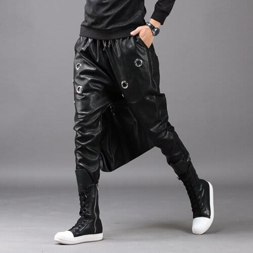 Men Leather Pants Korean Personality Slim Harlan Tight Pants Nightclubs Hair Stylist Trousers Male Motorcycle Feet Tide Pants