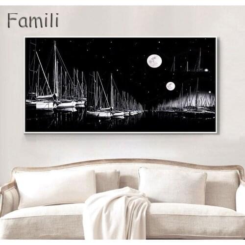 Painted blue seascape wall painting peaceful Quiet night of harbor canvas picture Boat scenery Home Decor Canvas Painting