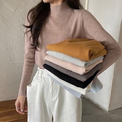 Autumn Womens Sweaters 2021 Casual Solid Mock Neck Jumpers Korean Knitted Ladies Sweater Slim Base Clothes Pullovers Pull Femme