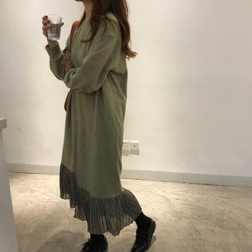 Women Autumn thin woolen Straight Long Dress ladies green Ruffle hem Fake Two Piece dresses round collar long sleeve pullovers