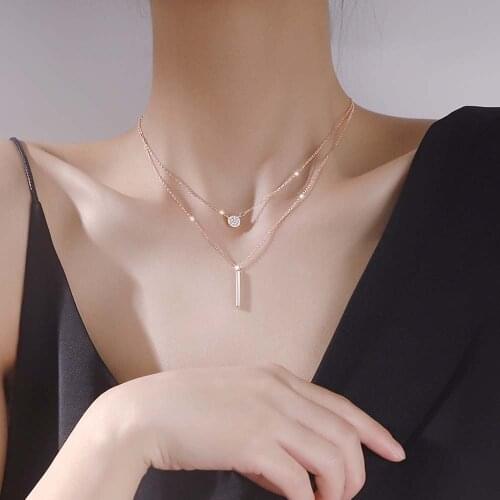 Simple Double Layer Long Stick Pendant Necklaces Women Shiny Micro Pave Zircon Geometric Necklace Simple Elegant Party Jewelry
