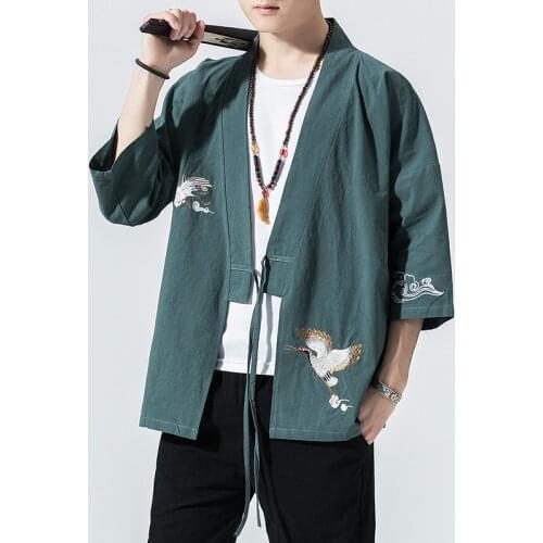 Japanese-style Harajuku Mens Shirt Casual Spring Autumn Vintage Blouse Men Cotton Embroidery Camisa Masculina