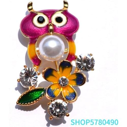 Cute Owl Rhinestone Brooches for Women Pearl Breast Pin Enameled Brooch Multi Color Ladies Party Dress Accessory Fashion Jewelry