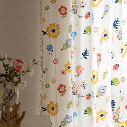 Cotton and Linen Tulle Sheer Cartoon Printed Tassel Door Window Curtain for Home Living Room Decor in the Kitchen Cafe Curtain