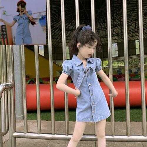 2021 Spring Autumn Girls Fashion Jeans Dress with Tie