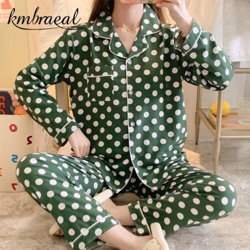 Womens Pajamas Spring Autumn Long Sleeve Lapel Cardigan Suit Wave Point Pants Silk Nightwear Homewear Sleepwear Set Large Size