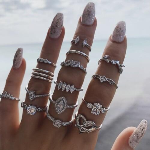 Fashion Womens Rings Vintage Alloy Bohemian 15pcs Suit Ornament Ring Finger Rings Korea Hit Rings For Women Girl Party