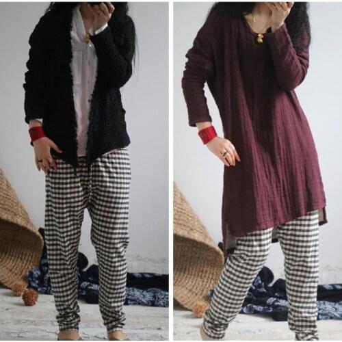 ASYMSAY Vintage Cotton Linen Plaid Harem Pants For Women 2017 Autumn New Arrival Slim Leg Drawstring High Waist Trousers