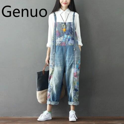 Denim Jumpsuits Vintage Printed Flower Casual Loose Women Pants Ladies Bleached Retro Plus Size Denim Overalls Rompers 2020 New