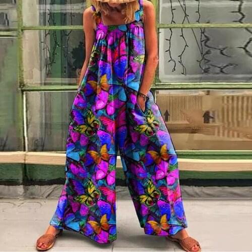 Female jumpsuit Butterfly Jump Suit Women Overalls O-Neck Backless Woman Floral Rompers Pocket Playsuit Casual Long Jumpsuit