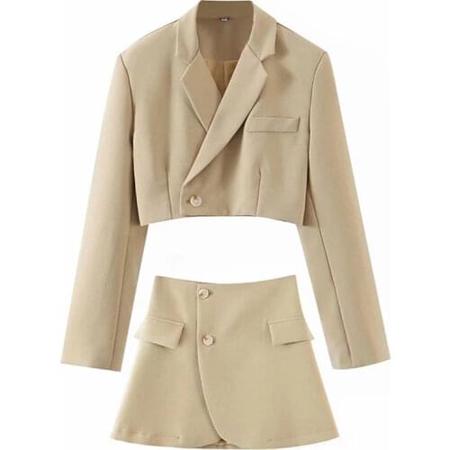 Nlzgmsj Za Sexy One Button Short Women Blazer Cropped High Waist Irregular Cross Slit Mini Skirt Long Sleeve Suits 2 Pieces Set