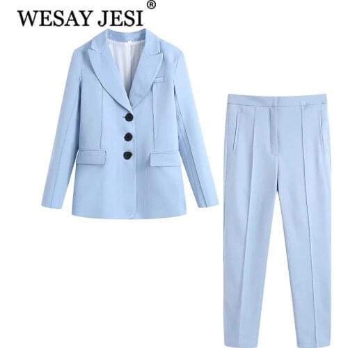 WESAY JESI Womens Office Suit New Fashion Blazer Pantsuit Double Breasted Suit Collar Long Sleeve + Trousers 2 Piece Set Women