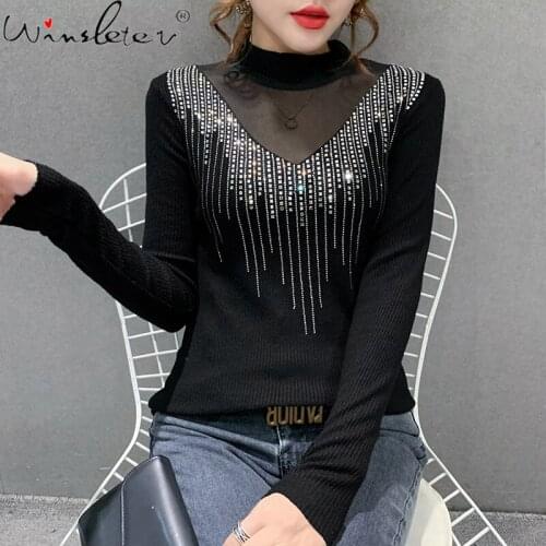 New Sweater Women 2021 Sexy Mesh Patchwork Diamonds Slim Tops Winter Clothing Knit Wear Pullover Long Sleeve T0N602A