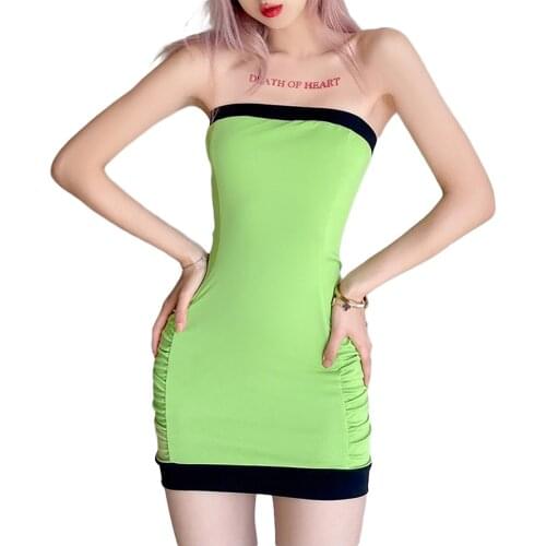 Women Summer Dress, Splicing Color Strapless Off Shoulder Backless Tight Ruffled Skirt for Girls, Rose Red/Green