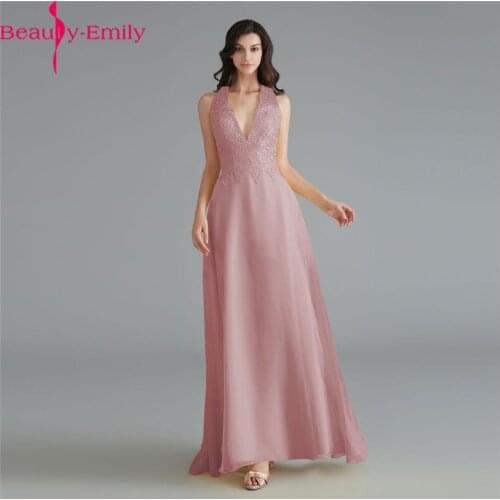 2019 Beauty Emily Charming Open Back Sexy V Neck Formal Dress Women Elegant Heavy Beaded Chiffon Long Evening Dress Real Photo