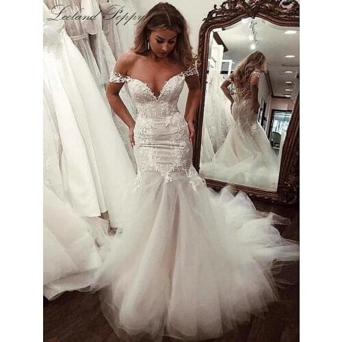 Lceland Poppy Off the Shoulder Mermaid Wedding Dresses 2020 Lace Appliques Illusion Vestido de Novia Tulle Bridal Gowns