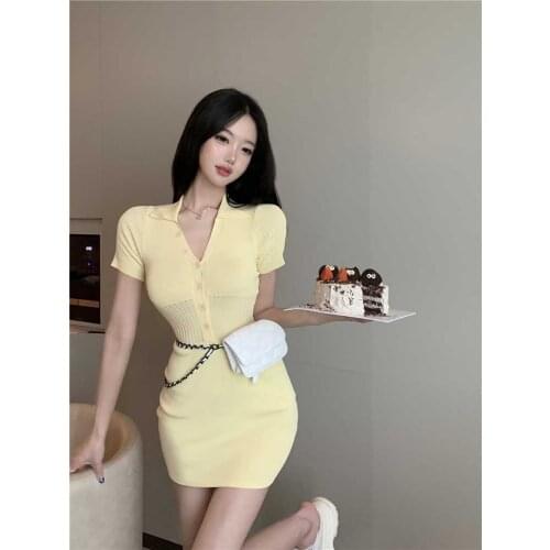 Morality show thin package buttocks short woman pure color temperament knitting dress with short sleeves