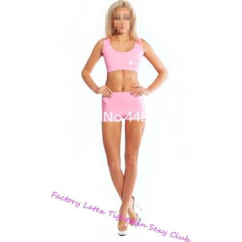 Sexy Woman Pink Lingerie Latex top&shorts Girls Latex Glued Tank Sexy Hot Pants Girls Sexy Rubber Underwear kawaii lingerie