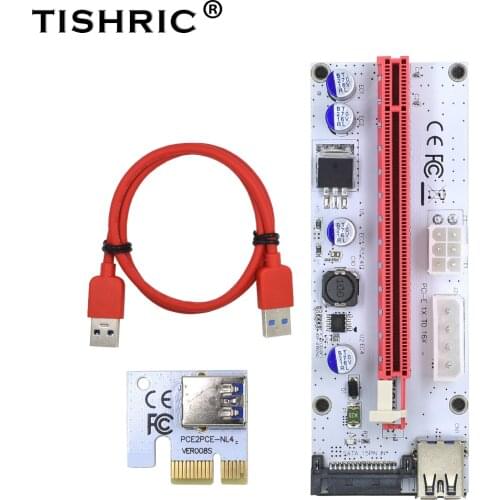 10pcs TISHRIC gpu PCIE PCI-E Riser 008S card PCI E X16 PCI Express 3in1 Molex 6Pin to SATA 1X 16X USB3.0 Extender LED Mining ETH