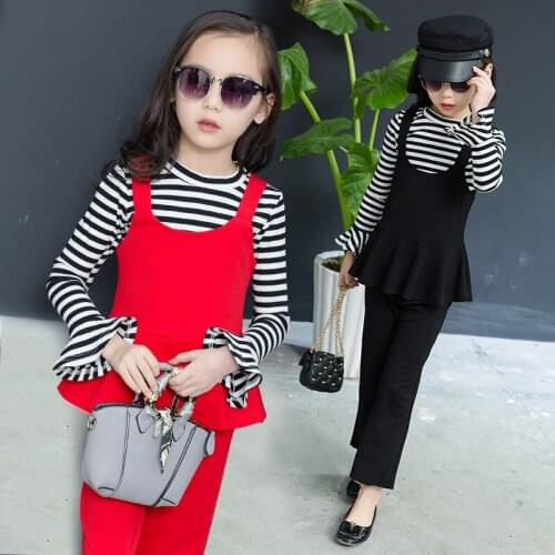 2018 New Girls clothes Sets stripe Lotus leaf sleeve T shirt Braces skirt Children casual toddler baby kids clothing suit 3pcs