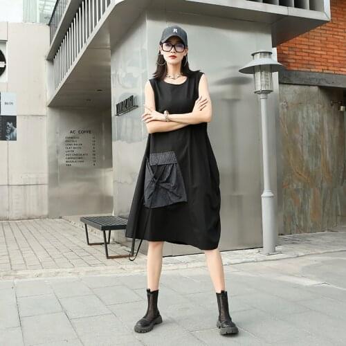 210527 Women irregular Pocket A-line Dress New Round Neck Sleeveless Loose Fit Fashion Tide Summer 2021