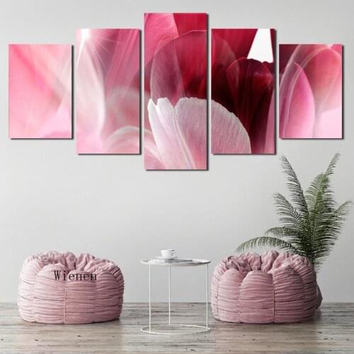 Pink Abstract Canvas Painting Leaf Feather Five Pieces Print Wall Art Poster Picture for Living Room Home Decoration